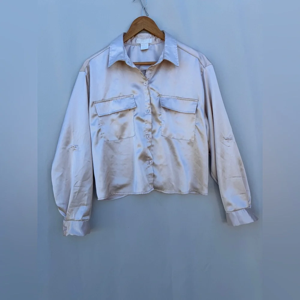 Champagne Satin Button-Up Blouse Size Large